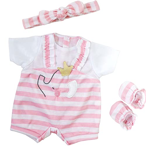 Berenguer Boutique Baby Doll Outfit – Pink Stripes & White Overall Shorts with Headband and Booties for Dolls 14-16 Inches