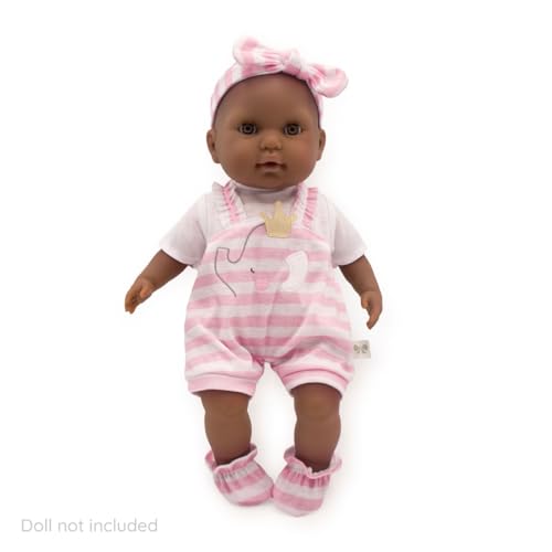 Berenguer Boutique Baby Doll Outfit – Pink Stripes & White Overall Shorts with Headband and Booties for Dolls 14-16 Inches