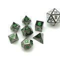 Bescon 10mm Mini Metal Dice Set – Glossy Black with Green Numbers, 7-Piece Polyhedral for D&D RPG