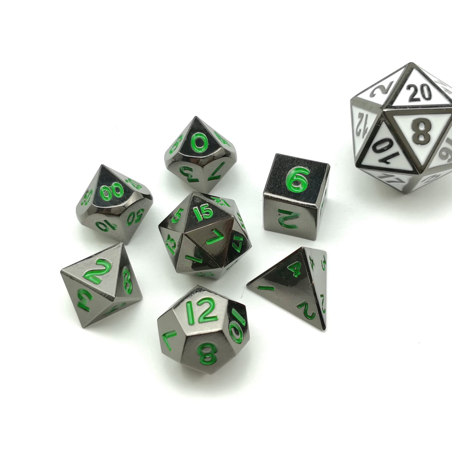 Bescon 10mm Mini Metal Dice Set – Glossy Black with Green Numbers, 7-Piece Polyhedral for D&D RPG