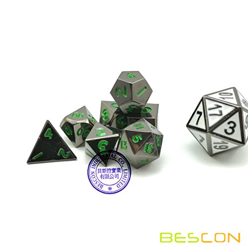 Bescon 10mm Mini Metal Dice Set – Glossy Black with Green Numbers, 7-Piece Polyhedral for D&D RPG