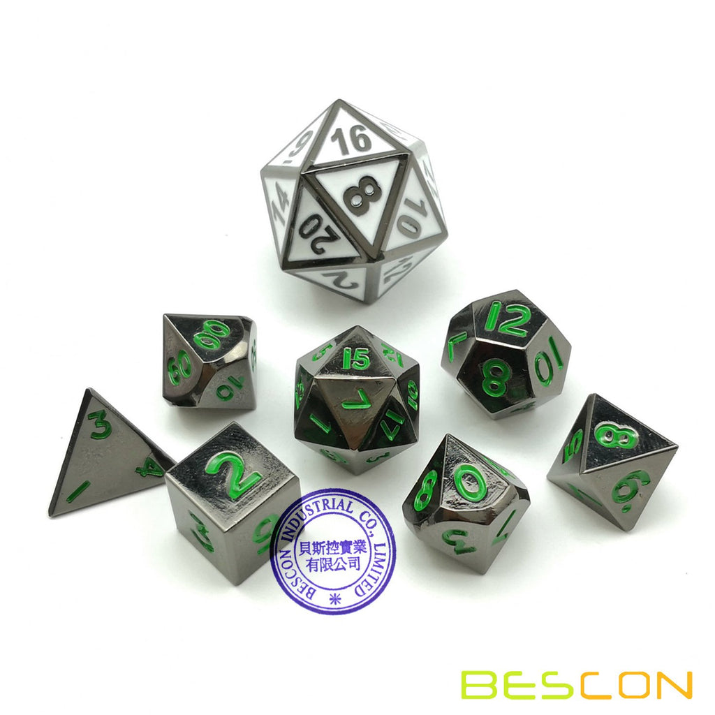 Bescon 10mm Mini Metal Dice Set – Glossy Black with Green Numbers, 7-Piece Polyhedral for D&D RPG