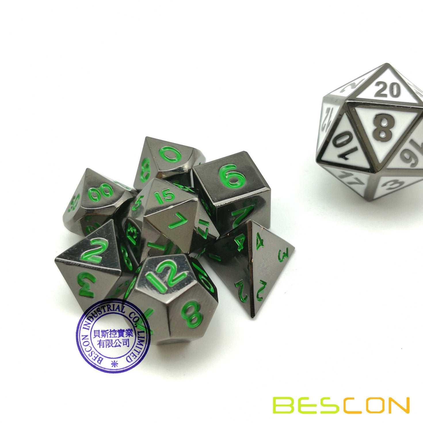 Bescon 10mm Mini Metal Dice Set – Glossy Black with Green Numbers, 7-Piece Polyhedral for D&D RPG