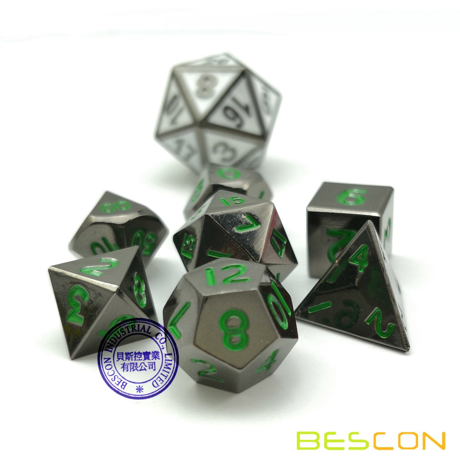 Bescon 10mm Mini Metal Dice Set – Glossy Black with Green Numbers, 7-Piece Polyhedral for D&D RPG