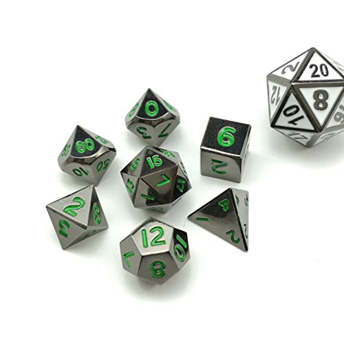 Bescon 10mm Mini Metal Dice Set – Glossy Black with Green Numbers, 7-Piece Polyhedral for D&D RPG