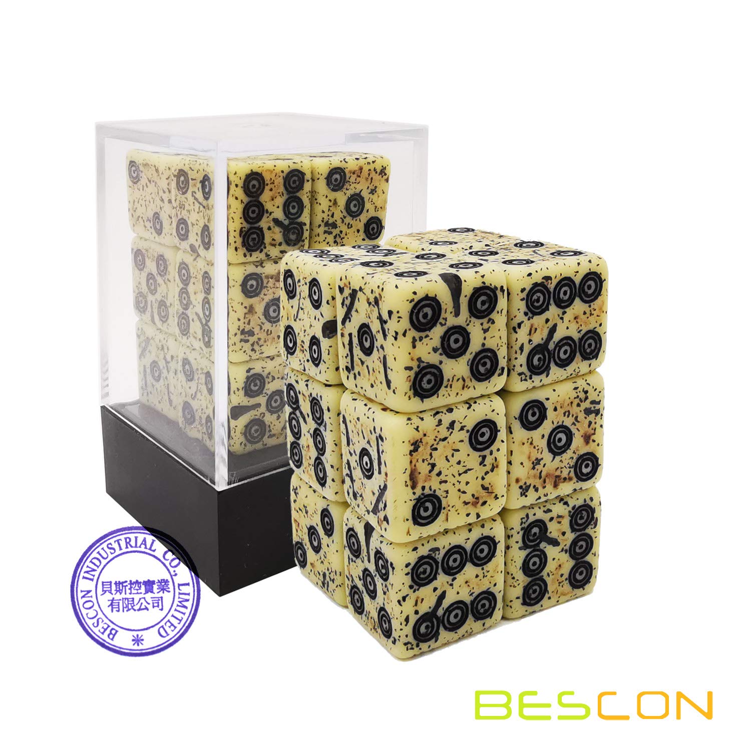 Bescon Ancient Bone Effect Dice Set - 12 D6 Dice, 16mm, Old-Looking Stone Style with Etched Patterns