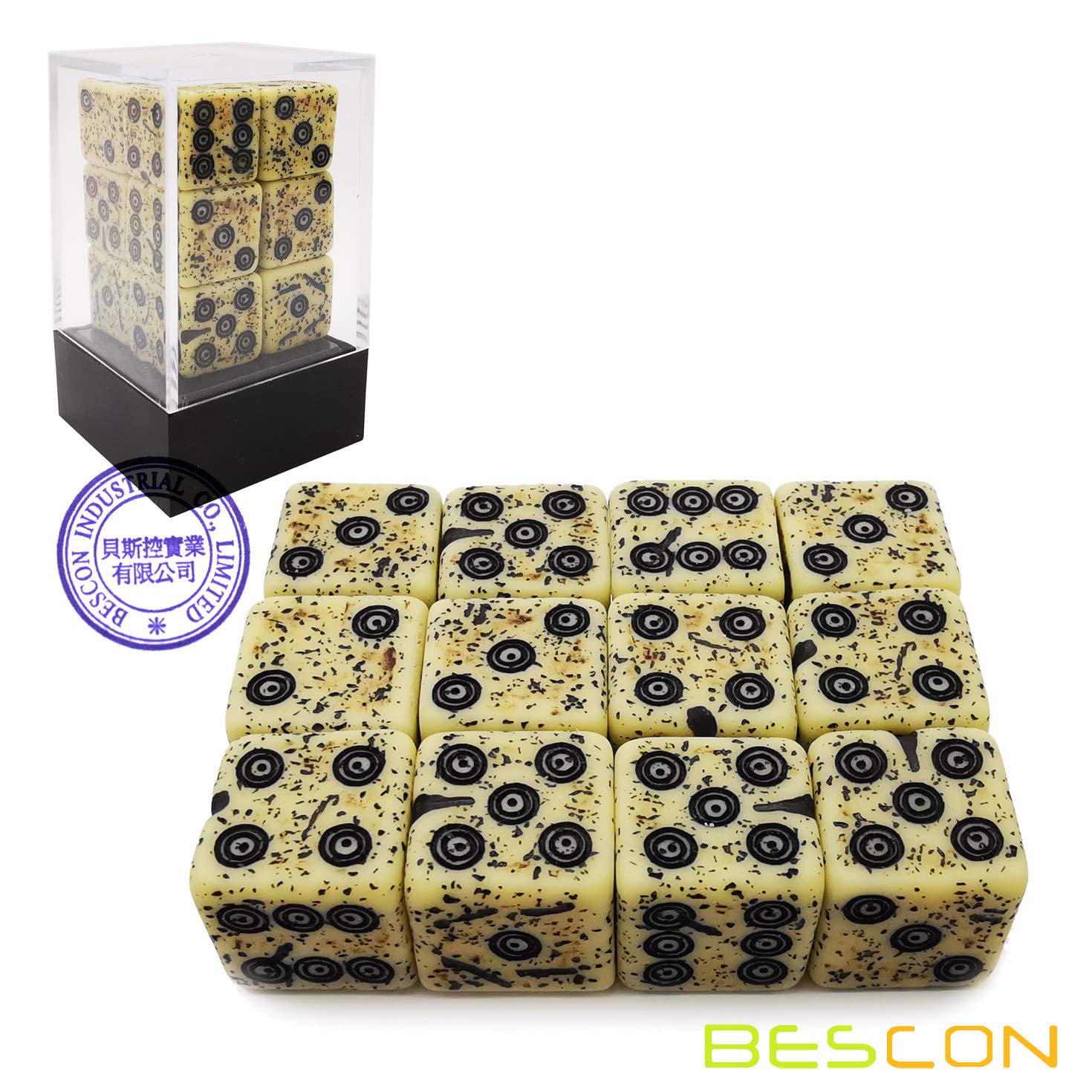 Bescon Ancient Bone Effect Dice Set - 12 D6 Dice, 16mm, Old-Looking Stone Style with Etched Patterns