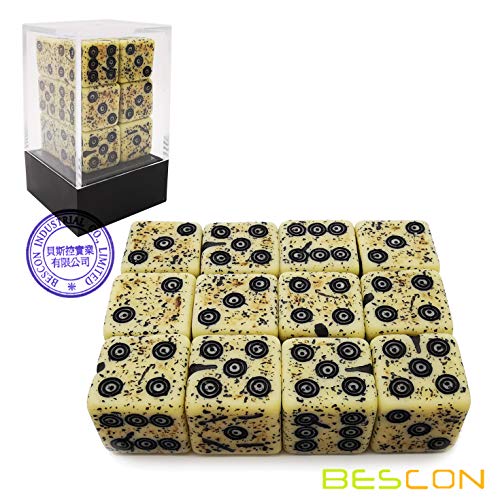 Bescon Ancient Bone Effect Dice Set - 12 D6 Dice, 16mm, Old-Looking Stone Style with Etched Patterns