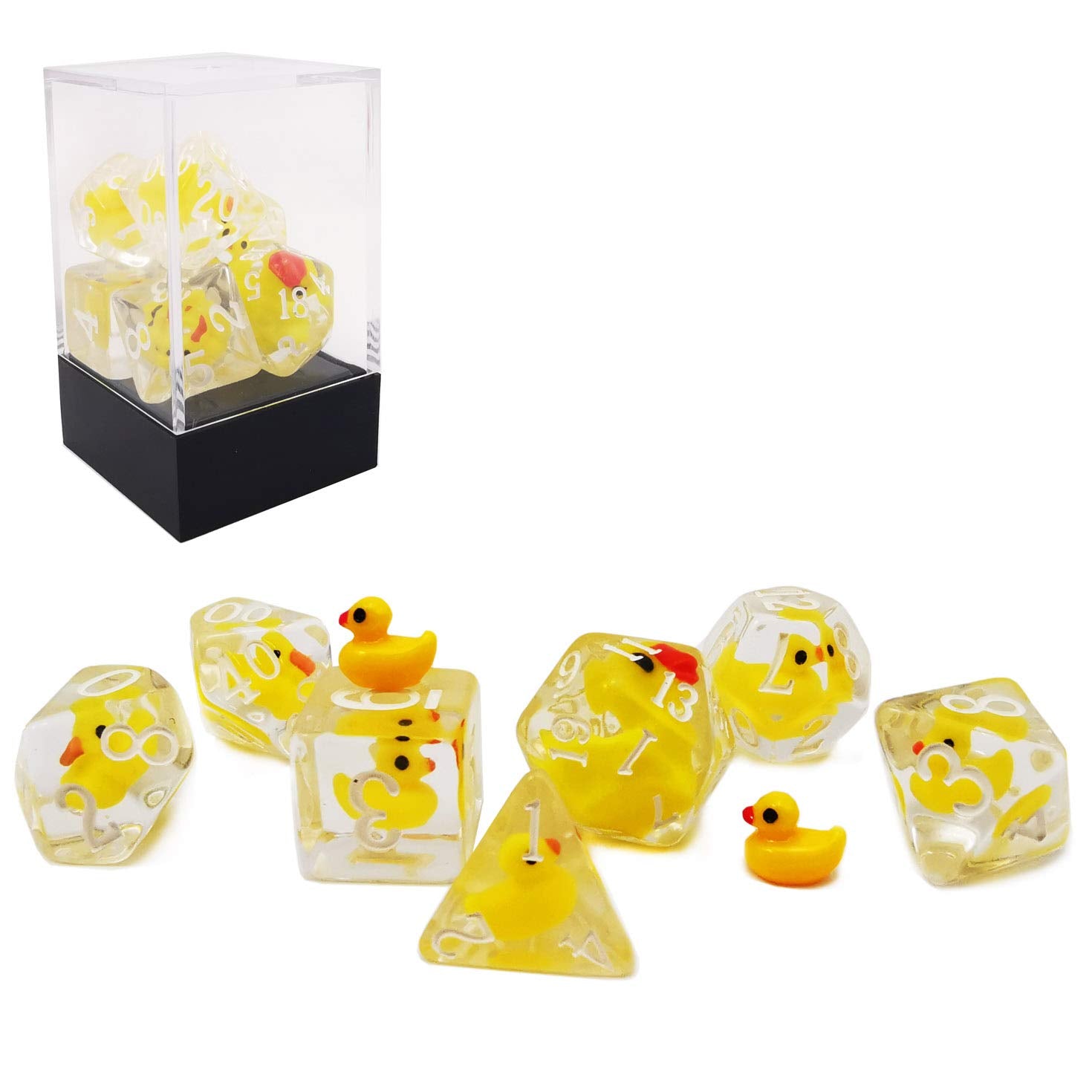 BESCON DICE YellowDuck RPG Dice Set – 7 Polyhedral Dice with Cute Yellow Duck Inside Each Die, Handmade Transparent Resin