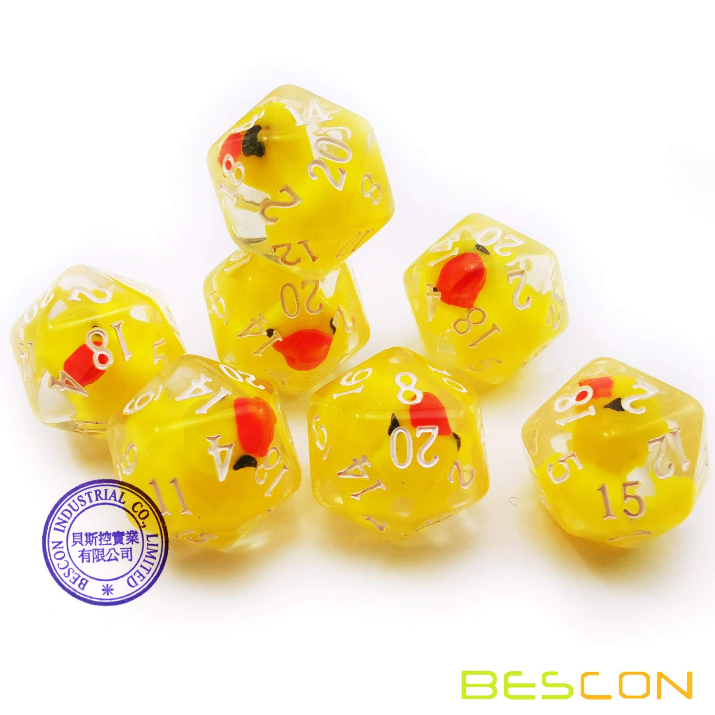 BESCON DICE YellowDuck RPG Dice Set – 7 Polyhedral Dice with Cute Yellow Duck Inside Each Die, Handmade Transparent Resin