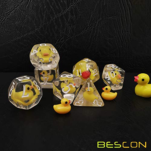 BESCON DICE YellowDuck RPG Dice Set – 7 Polyhedral Dice with Cute Yellow Duck Inside Each Die, Handmade Transparent Resin
