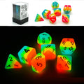 Bescon Fantasy Rainbow Glowing Polyhedral Dice 7-Piece Set – Midnight Candy Luminous RPG Dice for DND, Pathfinder, Magic the Gathering