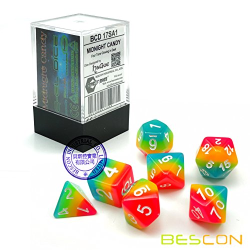 Bescon Fantasy Rainbow Glowing Polyhedral Dice 7-Piece Set – Midnight Candy Luminous RPG Dice for DND, Pathfinder, Magic the Gathering