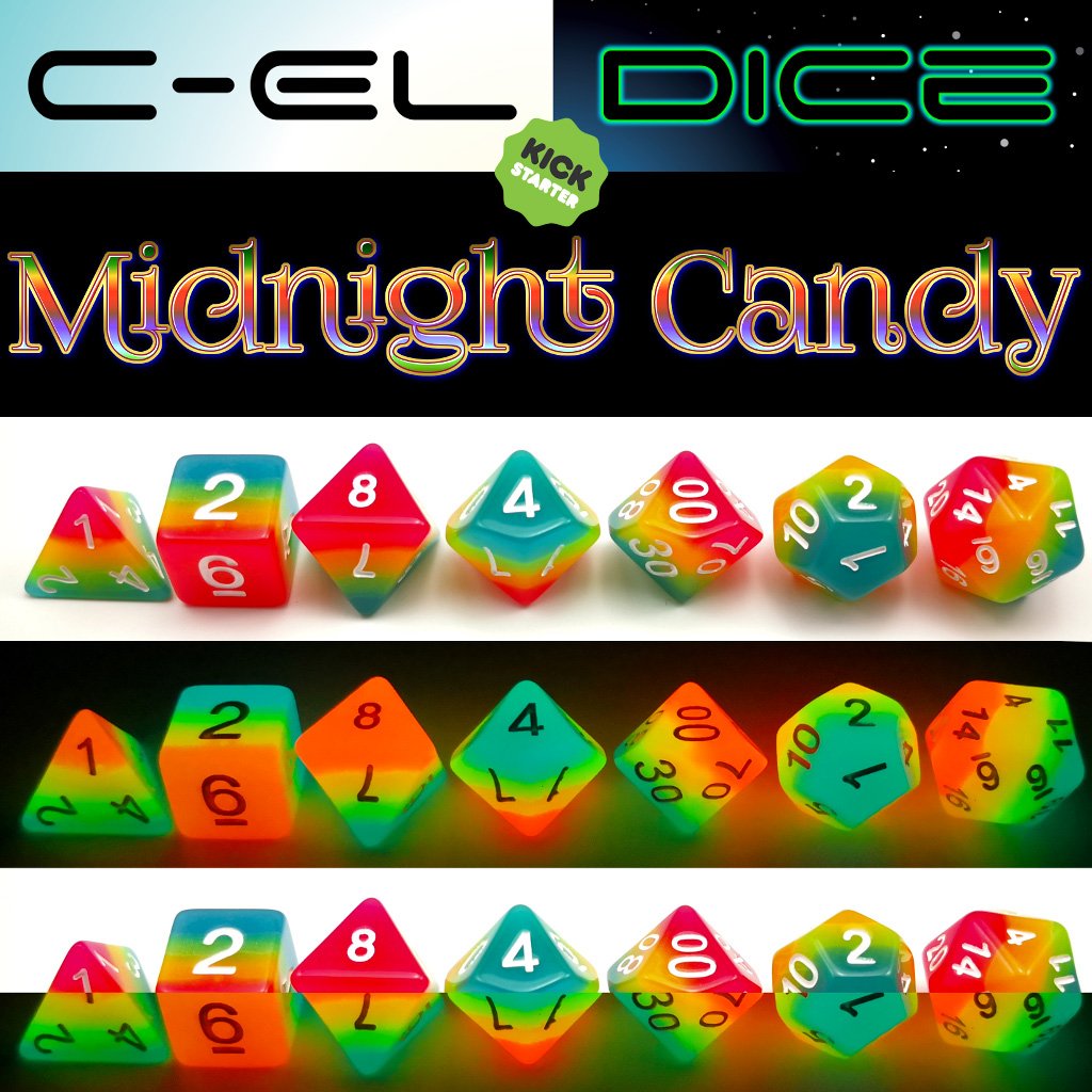 Bescon Fantasy Rainbow Glowing Polyhedral Dice 7-Piece Set – Midnight Candy Luminous RPG Dice for DND, Pathfinder, Magic the Gathering