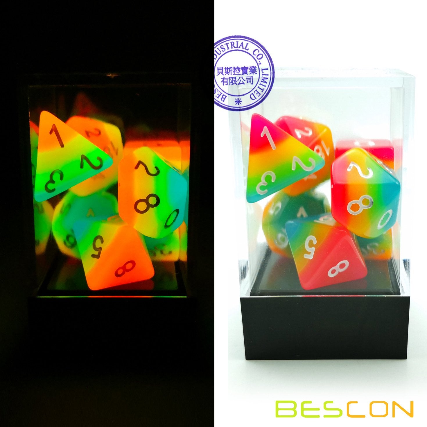 Bescon Fantasy Rainbow Glowing Polyhedral Dice 7-Piece Set – Midnight Candy Luminous RPG Dice for DND, Pathfinder, Magic the Gathering