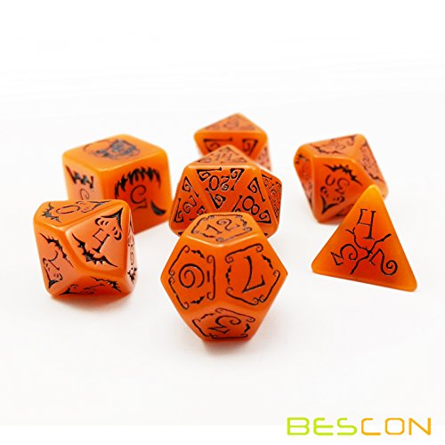Bescon Glowing Halloween Dice Set 7pcs - Luminous Polyhedral RPG Dice with Velvet Pouch