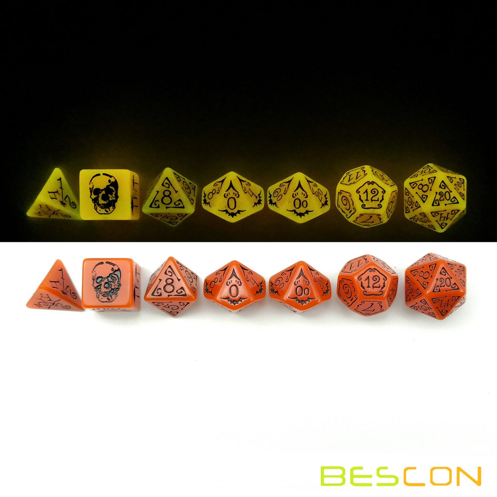 Bescon Glowing Halloween Dice Set 7pcs - Luminous Polyhedral RPG Dice with Velvet Pouch