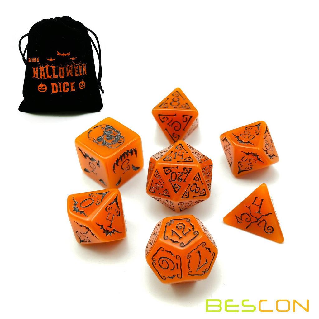 Bescon Glowing Halloween Dice Set 7pcs - Luminous Polyhedral RPG Dice with Velvet Pouch