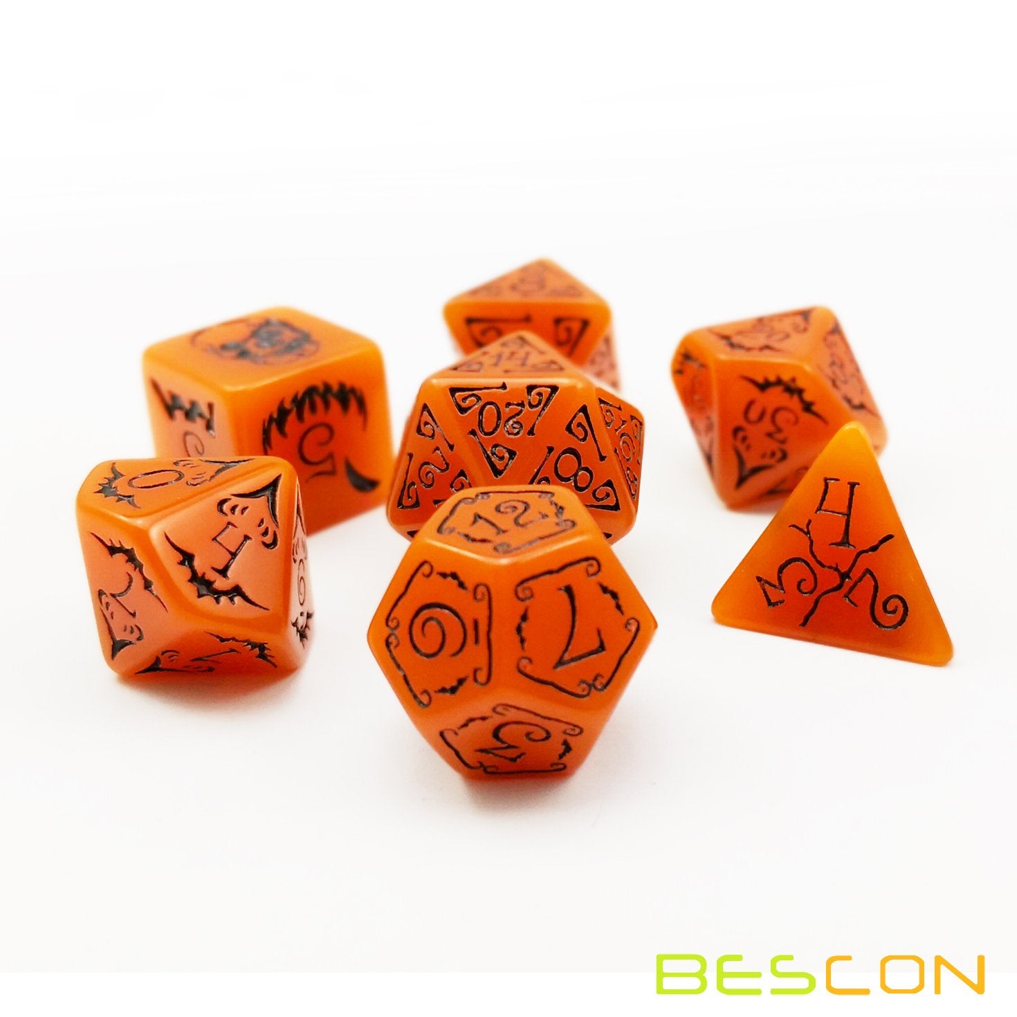 Bescon Glowing Halloween Dice Set 7pcs - Luminous Polyhedral RPG Dice with Velvet Pouch