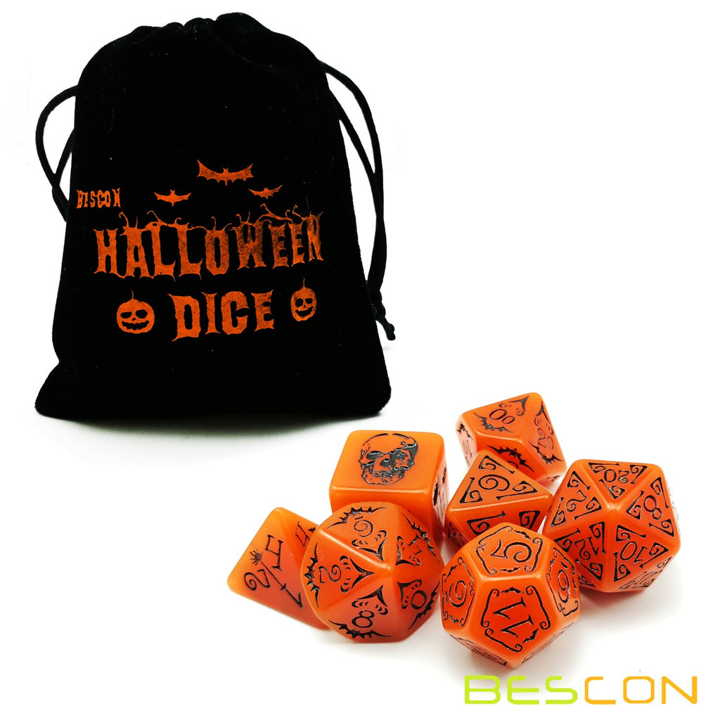 Bescon Glowing Halloween Dice Set 7pcs - Luminous Polyhedral RPG Dice with Velvet Pouch
