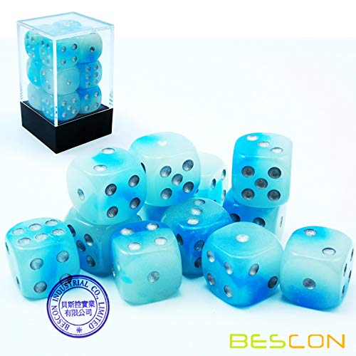 Bescon Icy Rocks Glowing D6 Dice Set - 12 Two-Tone Blue Dice with Cool Blue Glow