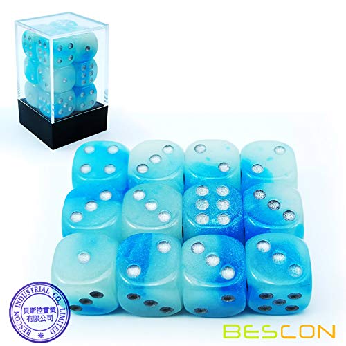 Bescon Icy Rocks Glowing D6 Dice Set - 12 Two-Tone Blue Dice with Cool Blue Glow