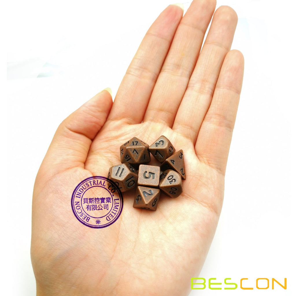 Bescon Mini Metal Dice Set Antique Copper 10mm - 7 Polyhedral D&D Dice