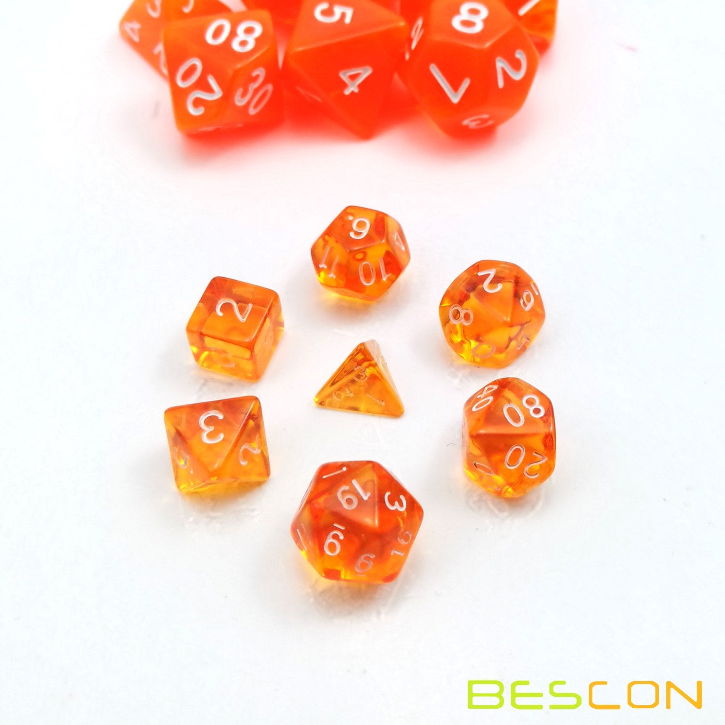 Bescon Mini Translucent Polyhedral RPG Dice Set - 10mm (7-Piece, Transparent Orange)