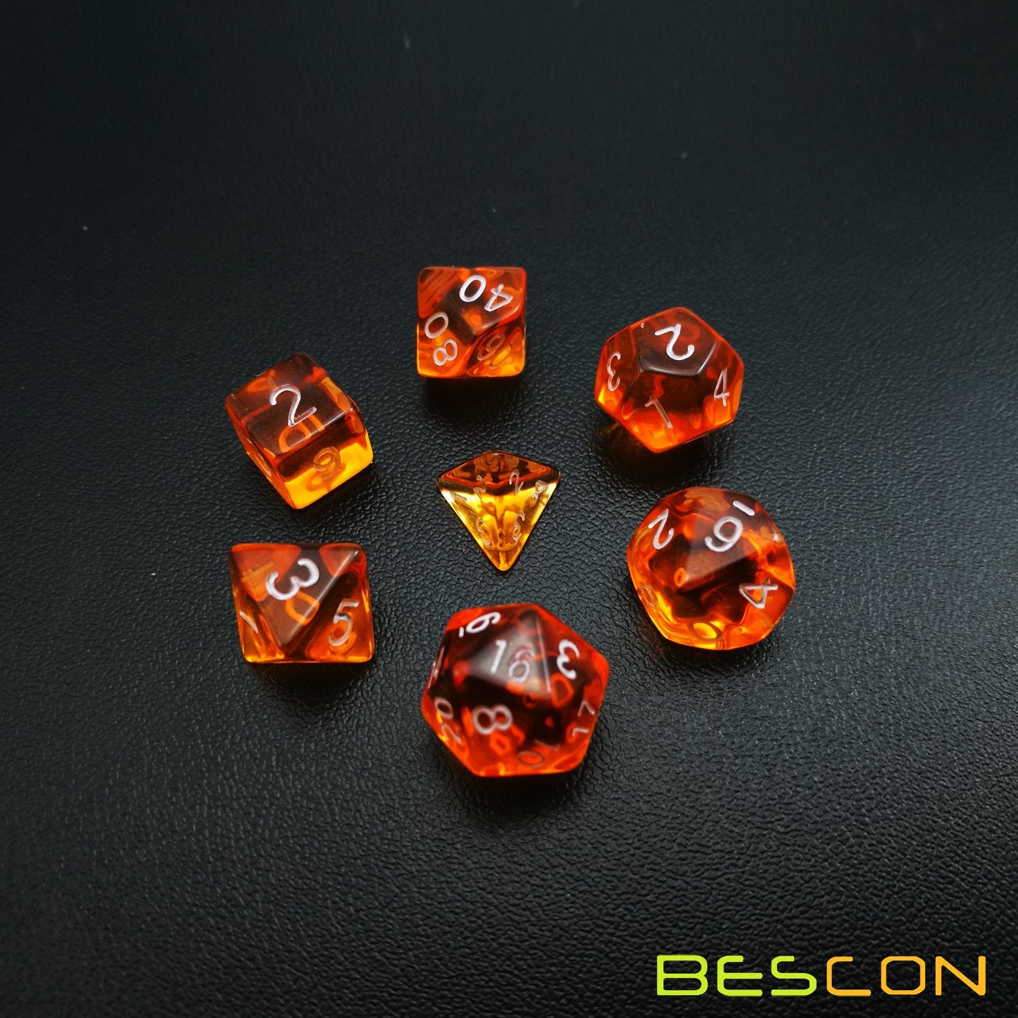 Bescon Mini Translucent Polyhedral RPG Dice Set - 10mm (7-Piece, Transparent Orange)