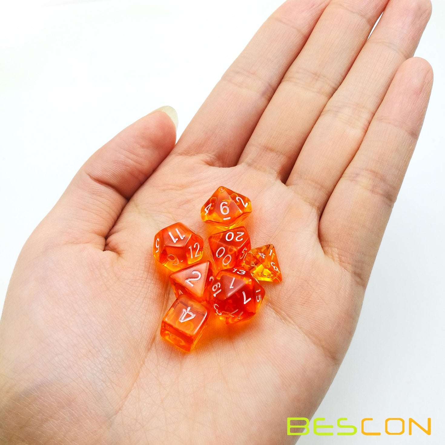 Bescon Mini Translucent Polyhedral RPG Dice Set - 10mm (7-Piece, Transparent Orange)
