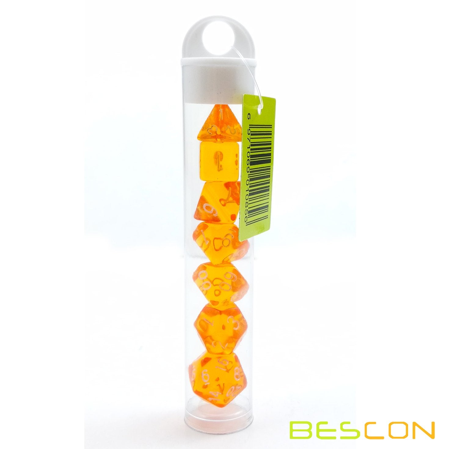 Bescon Mini Translucent Polyhedral RPG Dice Set - 10mm (7-Piece, Transparent Orange)