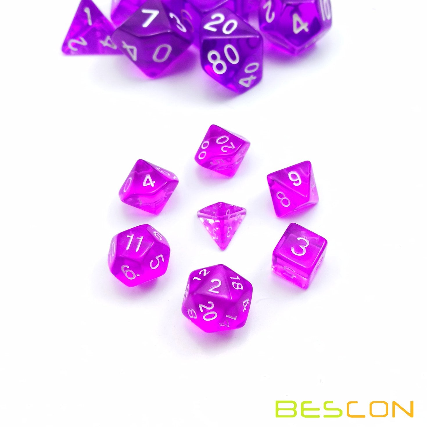 Bescon Mini Translucent Polyhedral RPG Dice Set 10mm - Transparent Purple D4-D20 in Tube