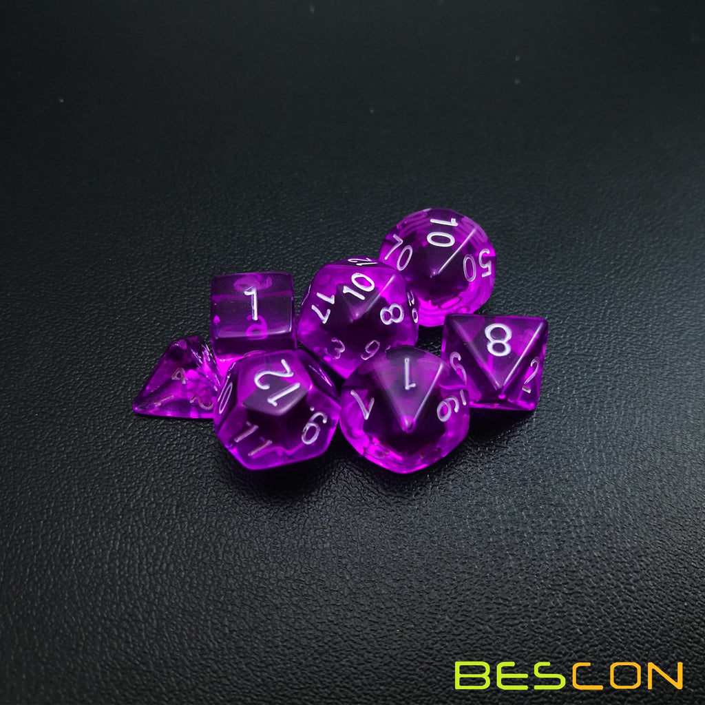 Bescon Mini Translucent Polyhedral RPG Dice Set 10mm - Transparent Purple D4-D20 in Tube