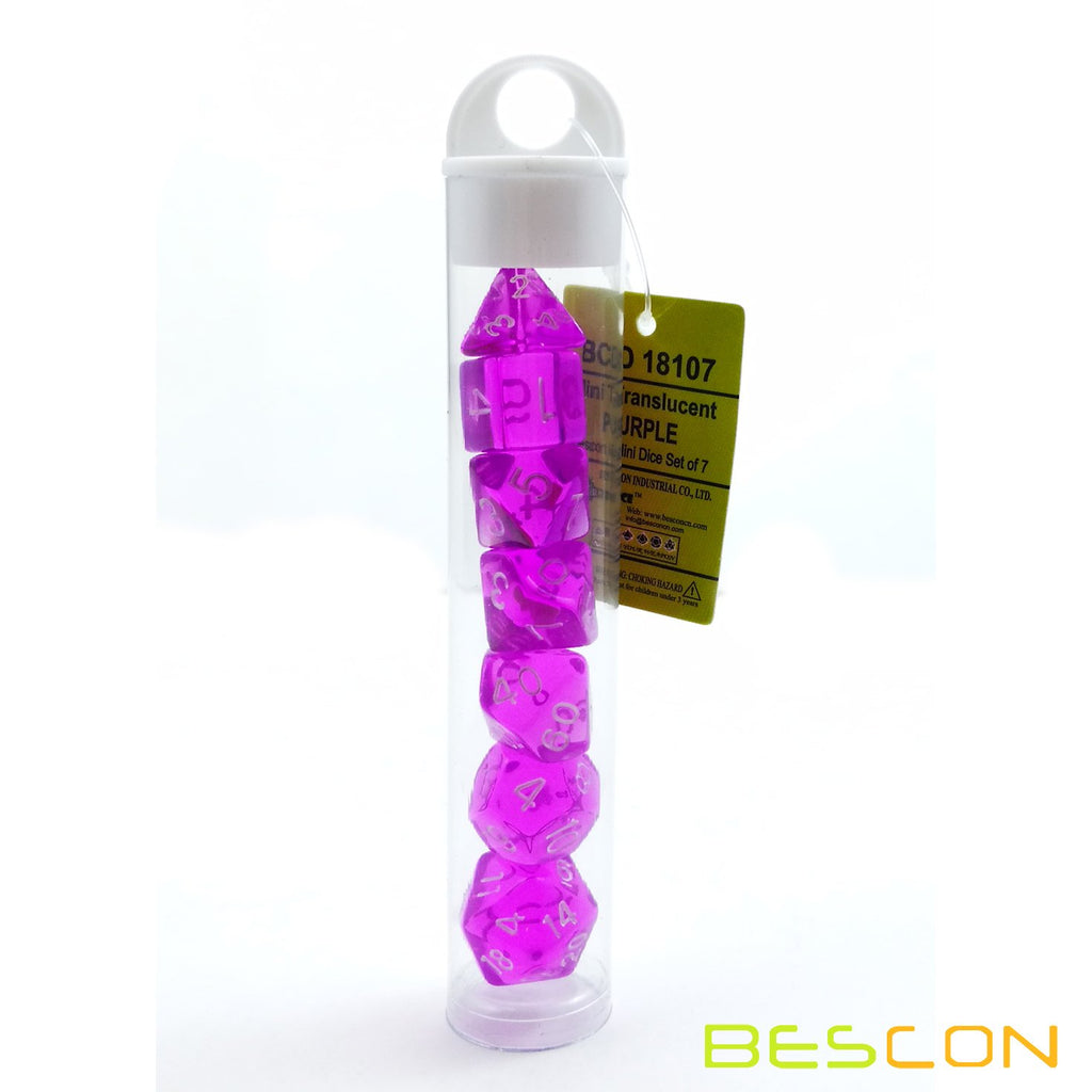 Bescon Mini Translucent Polyhedral RPG Dice Set 10mm - Transparent Purple D4-D20 in Tube