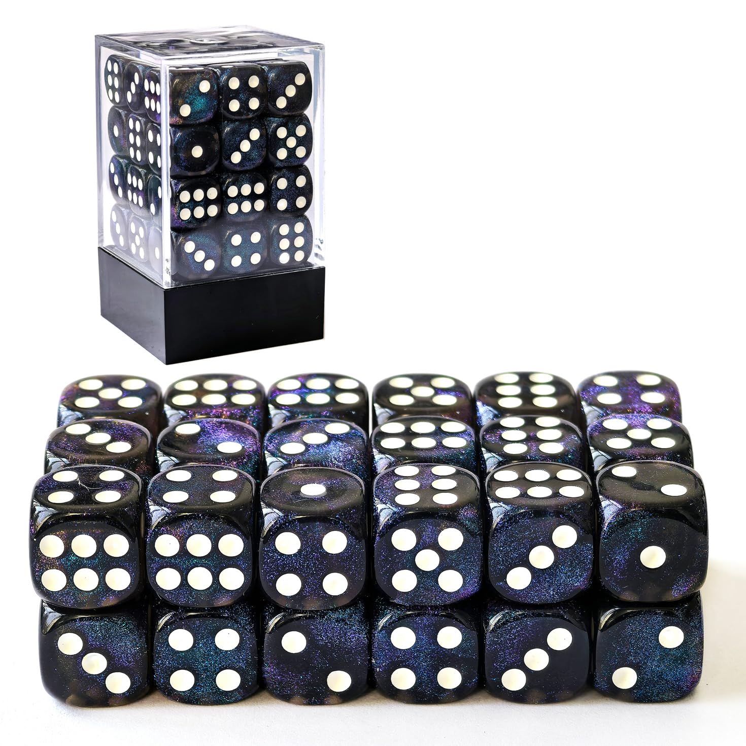 Bescon Moonstone 12mm D6 Dice 36-Pack - Semi-Translucent Black Blue Shimmer Brick Box