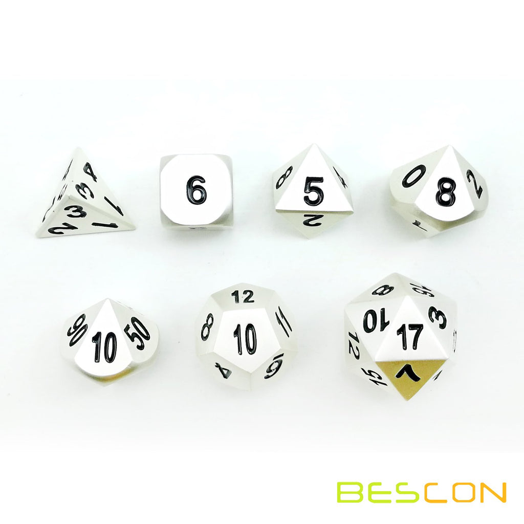 Bescon RPG Metal Dice Set 7pc Matte Pearl Silver - Solid Metal Polyhedral for D&D, Pathfinder