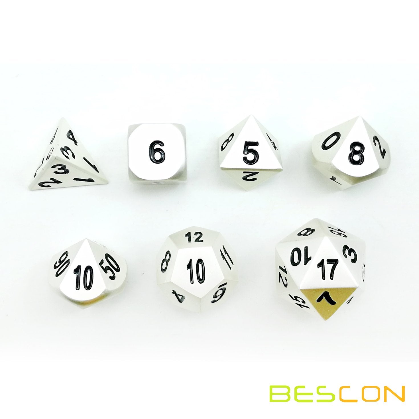 Bescon RPG Metal Dice Set 7pc Matte Pearl Silver - Solid Metal Polyhedral for D&D, Pathfinder