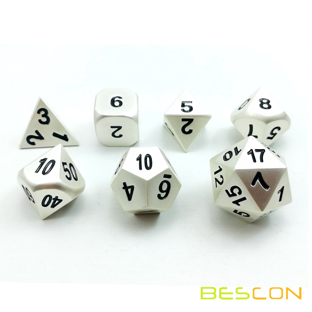 Bescon RPG Metal Dice Set 7pc Matte Pearl Silver - Solid Metal Polyhedral for D&D, Pathfinder