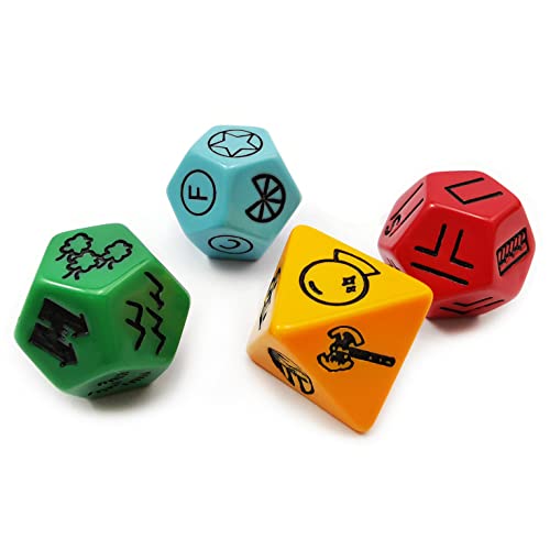 Bescon's Dungeon & Wilderness Terrain Dice Set – 4 Polyhedral RPG Dice (Red, Blue, Yellow, Green) with Pouch