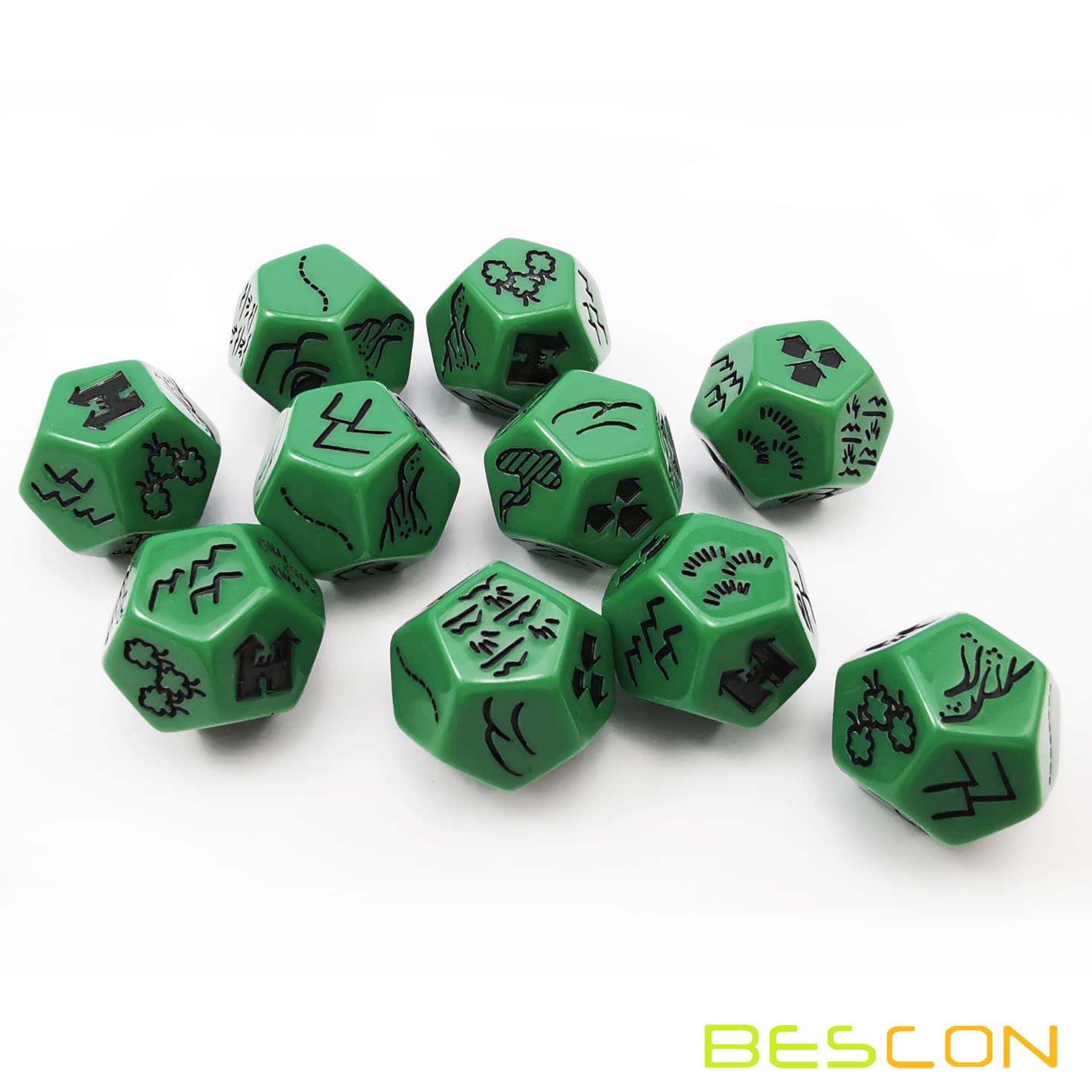 Bescon's Dungeon & Wilderness Terrain Dice Set – 4 Polyhedral RPG Dice (Red, Blue, Yellow, Green) with Pouch