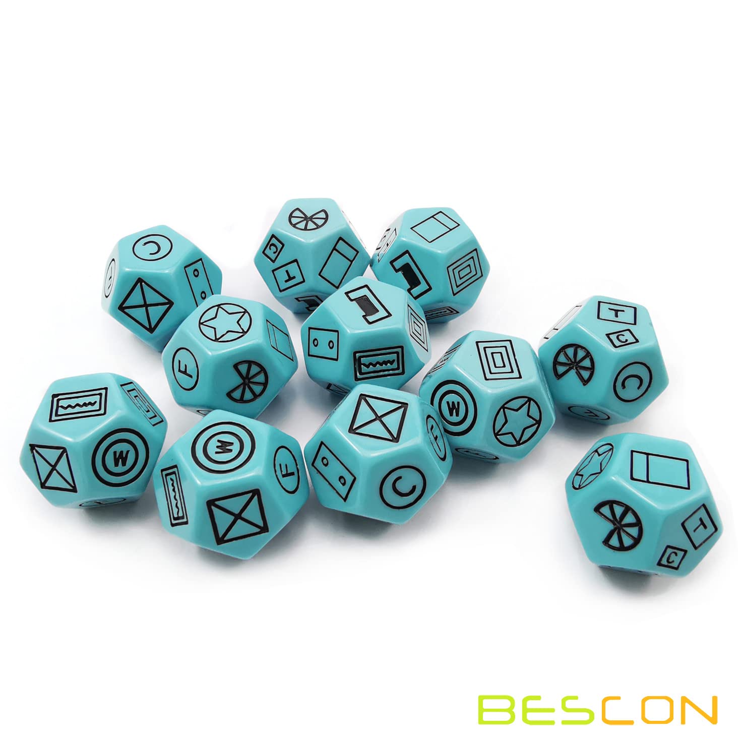 Bescon's Dungeon & Wilderness Terrain Dice Set – 4 Polyhedral RPG Dice (Red, Blue, Yellow, Green) with Pouch