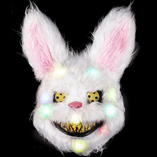 BESSEEK Halloween Scary Mask: Bloody Plush Rabbit-Bear Animal Head Mask with Colorful LED Lights for Cosplay Party