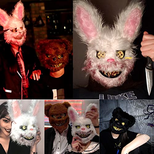 BESSEEK Halloween Scary Mask: Bloody Plush Rabbit-Bear Animal Head Mask with Colorful LED Lights for Cosplay Party