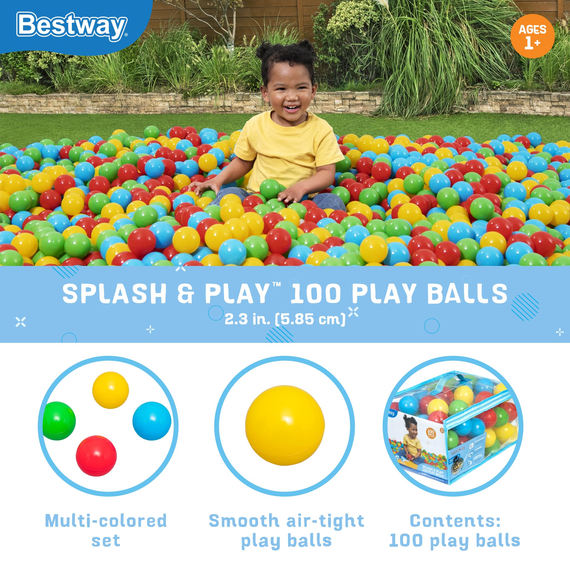 Bestway 100-Pack Plastic Play Balls for Ball Pits, Bouncers & Pools | 2.3-Inch, 4 Colors