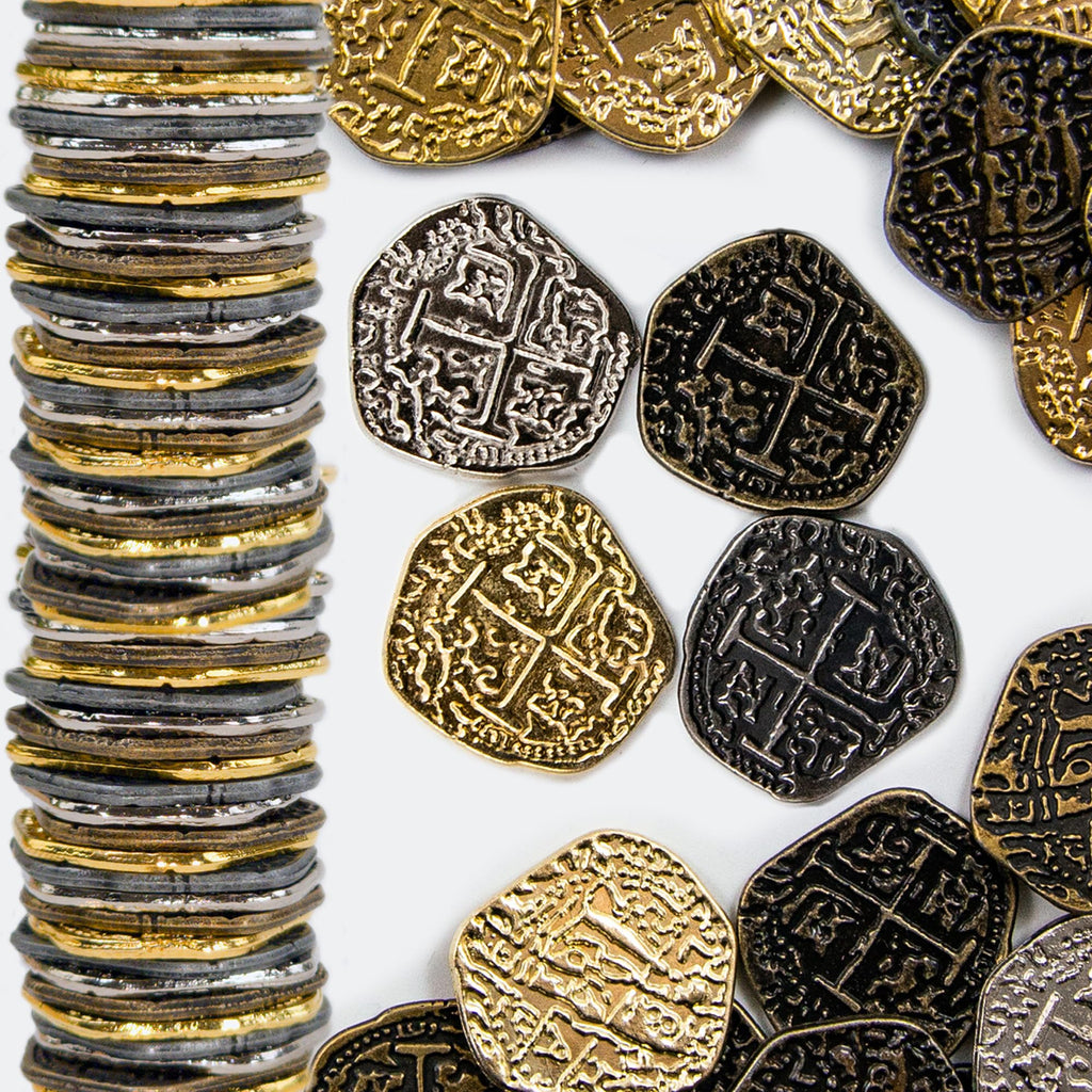 Beverly Oaks Pirate Coin Set – 30 Metal Spanish Doubloon Replicas in Gold & Silver