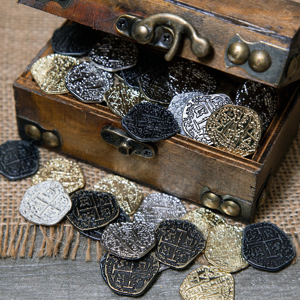 Beverly Oaks Pirate Coin Set – 30 Metal Spanish Doubloon Replicas in Gold & Silver