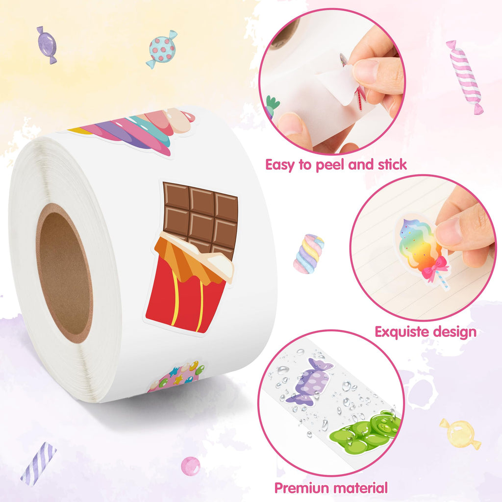BeYumi 1000-Piece Candy Party Sticker Roll - Waterproof Vinyl Sweets Decals for Laptops, Water Bottles, Scrapbooking