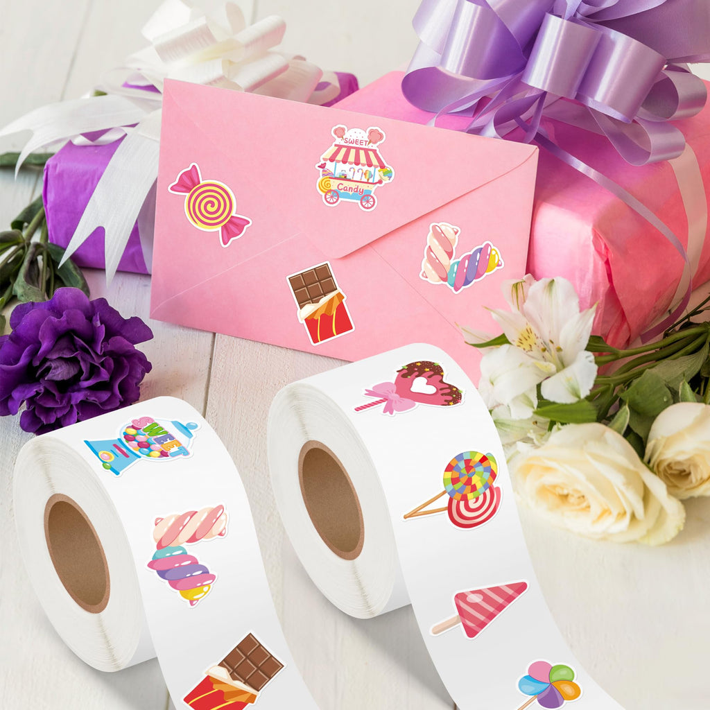 BeYumi 1000-Piece Candy Party Sticker Roll - Waterproof Vinyl Sweets Decals for Laptops, Water Bottles, Scrapbooking