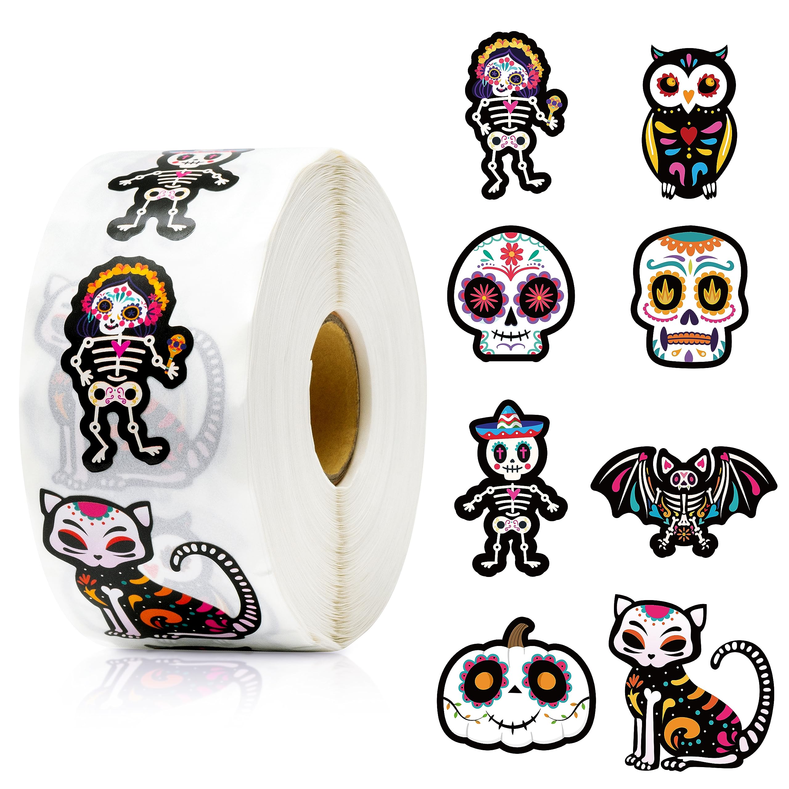 BeYumi 1000Pcs Day of the Dead Stickers – Sugar Skull, Skeleton Cat, Halloween & Mexican Fiesta Decals, Waterproof for Laptop, Water Bottle, Party Supplies