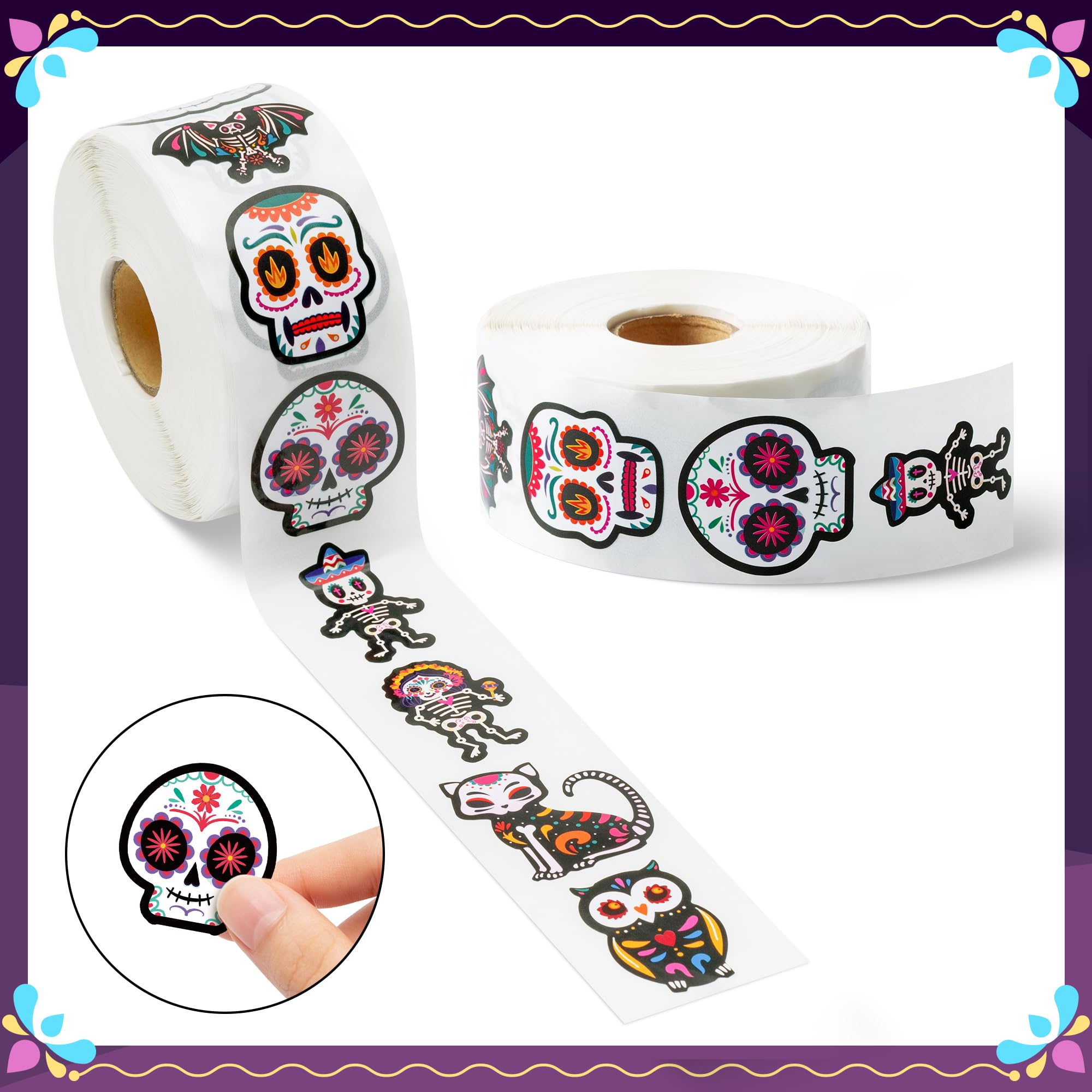 BeYumi 1000Pcs Day of the Dead Stickers – Sugar Skull, Skeleton Cat, Halloween & Mexican Fiesta Decals, Waterproof for Laptop, Water Bottle, Party Supplies